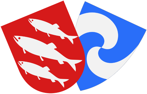Logo for Flora-Bremanger Brassband som betår av kommunevåpen fra kommunene.